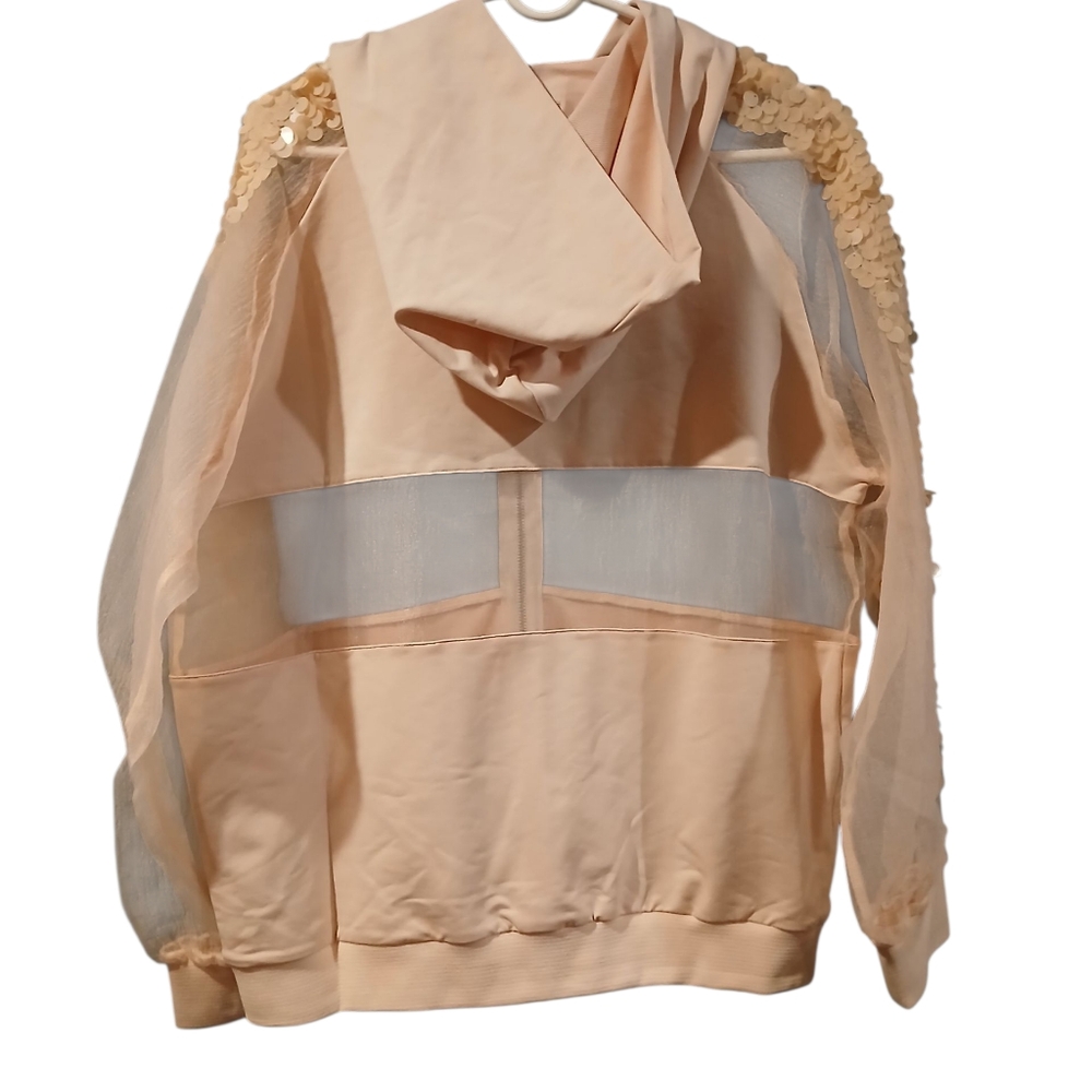 Rivas Womans Nude Blush Pink Sequin Sheer Hoodie Zip Front Sweatshirt Size Large - Picture 11 of 11